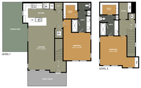 Floor plan for 2 beds, 2 baths, 1257 sqft